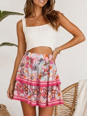 NWT TAJ by Sabrina Crippa NWT Floral Embroidered Mini Skirt Boho Pink Orange ~ S